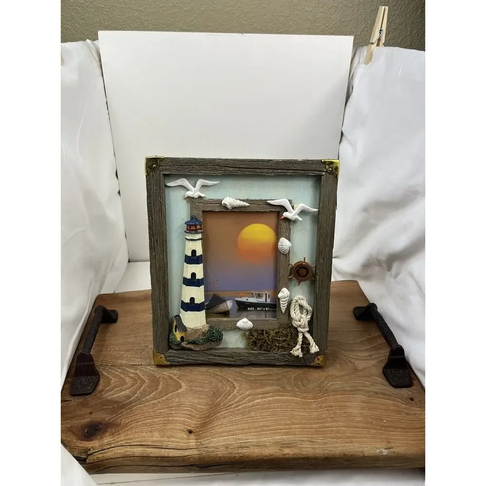 Vintage Lighthouse Picture Frame Table Desk Top Glass Multicolor Nautical Sea